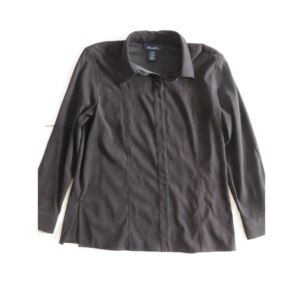 Denim & Co Shirt Womens Large Black Button Front Long Sleeve Solid Casual Top
